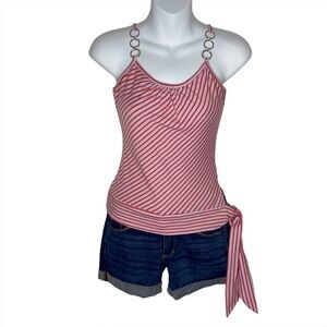 Vanity Striped Metal Round Chain Strap Striped Side Tie Tank Top